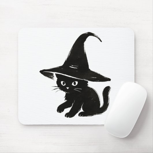 Minimalistische schwarze Katze mit Hexenhut-Design Mousepad (Mit Mouse)