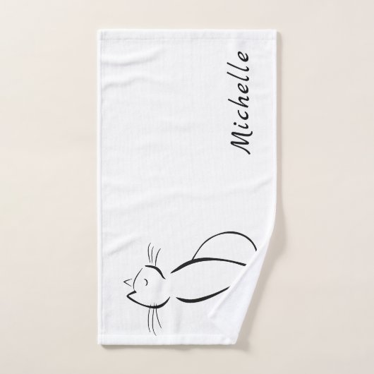 Minimalistische schwarze Katze mit weißem Namen Badhandtuch Set (Handtuch)
