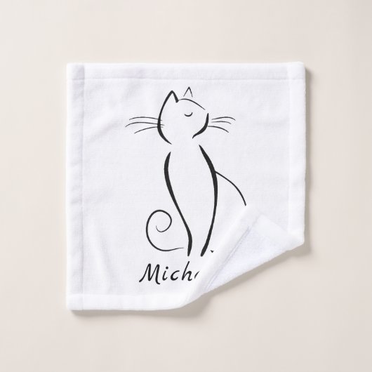 Minimalistische schwarze Katze mit weißem Namen Badhandtuch Set (Waschlappen)