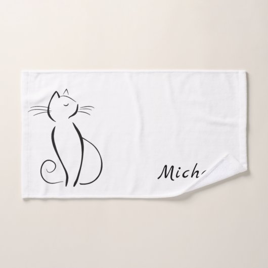 Minimalistische schwarze Katze mit weißem Namen Badhandtuch Set (Handtuch)