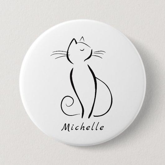 Minimalistische schwarze Katze mit weißem Namen Button (Vorderseite)