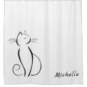 Minimalistische schwarze Katze mit weißem Namen Duschvorhang (Vorderseite)