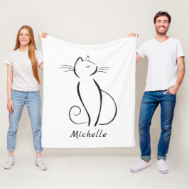 Minimalistische schwarze Katze mit weißem Namen Fleecedecke