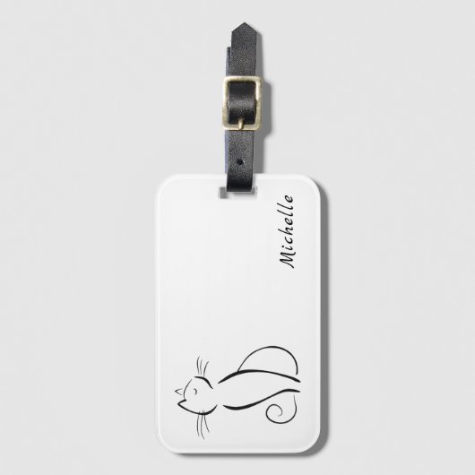 Minimalistische schwarze Katze mit weißem Namen Gepäckanhänger (Vorderseite Vertikal)