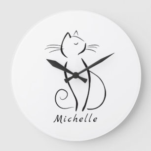 Minimalistische schwarze Katze mit weißem Namen Große Wanduhr