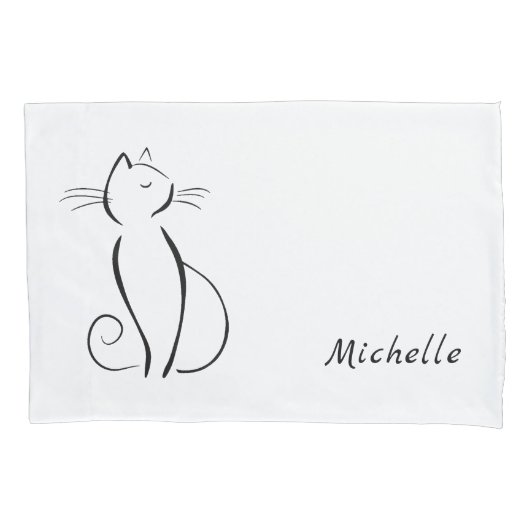 Minimalistische schwarze Katze mit weißem Namen Kissenbezug (Vorderseite)