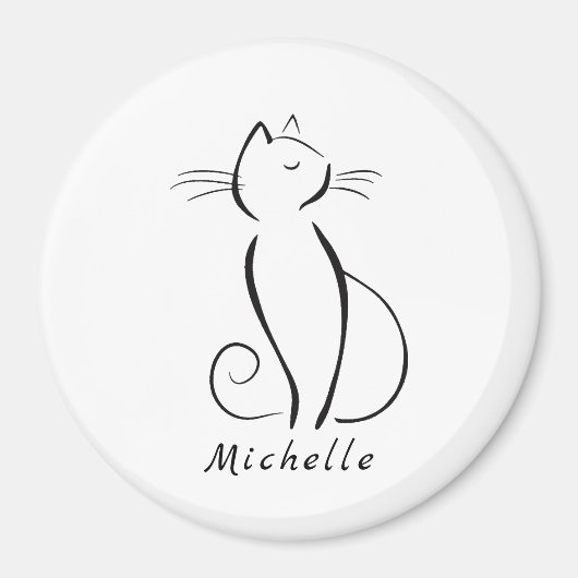 Minimalistische schwarze Katze mit weißem Namen Magnet (Vorne)