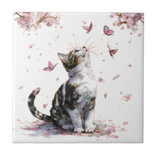 Minimalistische schwarze Katze - rosa Blüten & gol Fliese