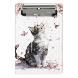 Minimalistische schwarze Katze - rosa Blüten & gol Mini Klemmbrett