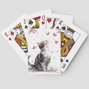 Minimalistische schwarze Katze - rosa Blüten & gol Spielkarten