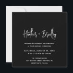 Minimalistische Schwarze Moderne Hochzeit Einladung<br><div class="desc">Moderne quadratische Hochzeitseinladung mit einem einfachen Design mit Ihren Namen in einer eleganten Schrift Typografie und Ihre Veranstaltungsdetails in einem minimalistischen Sans Serif Schriftart. Alle Designelemente sind auf schwarzem Hintergrund weiß. Diese schicke Hochzeitseinladung passt gut zu jedem Hochzeitsstil.</div>