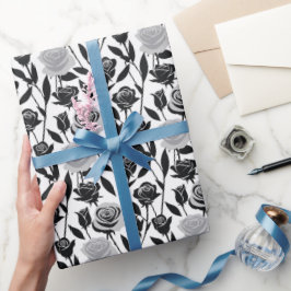 Minimalistische schwarze Rosen mit hellgrauen Stie Geschenkpapier