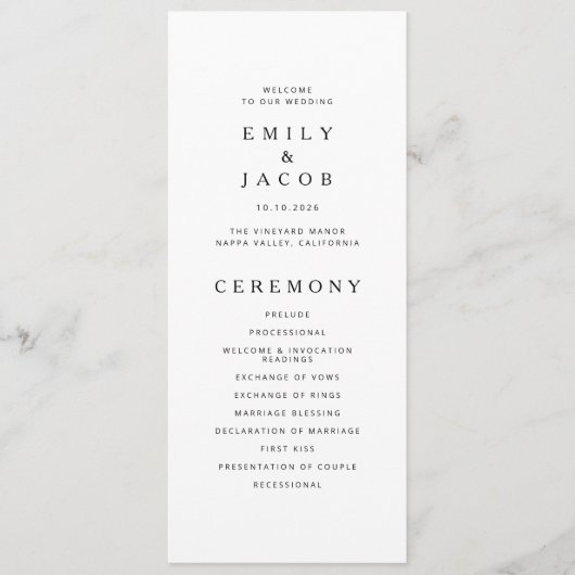 Minimalistische schwarze und weiße Hochzeit Programm (Vorderseite)
