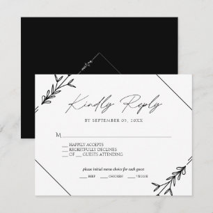 Minimalistische schwarze und weiße Hochzeitsmenüau RSVP Karte