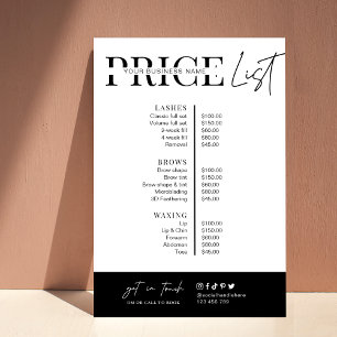 Minimalistische schwarze und weiße Preisliste für Poster