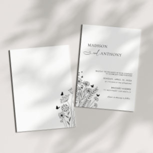 Minimalistische schwarze weiße Wildblumen-Hochzeit Einladung