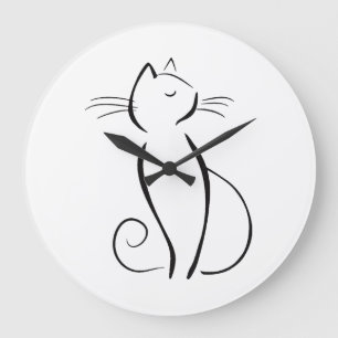 Minimalistische Schwarzkatze auf Weiß Große Wanduhr