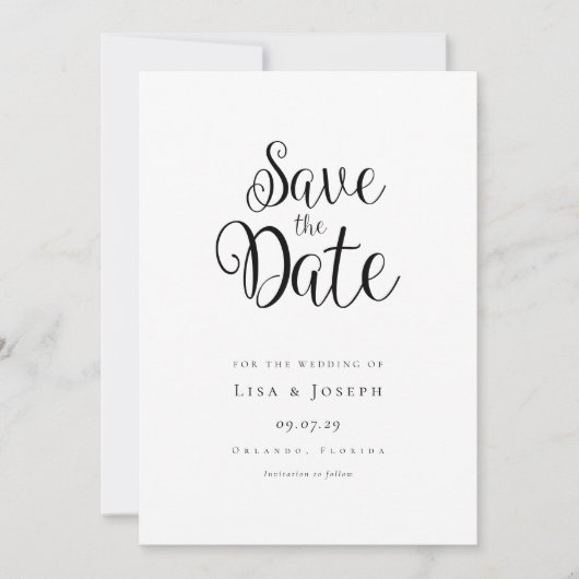 Minimalistische Schwarzweiß-Schrift Save The Date (Vorderseite)