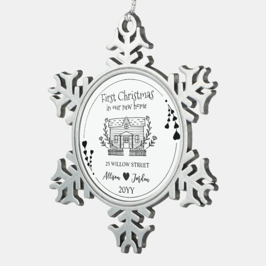 Minimalistische Schwarzweiß-Zuhause Schneeflocken Zinn-Ornament (Rechts)