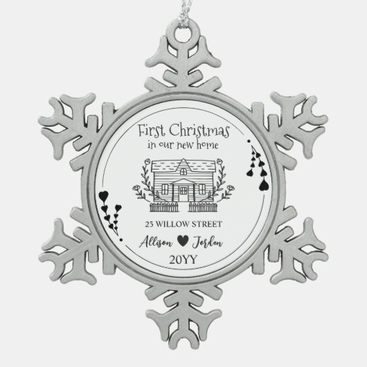 Minimalistische Schwarzweiß-Zuhause Schneeflocken Zinn-Ornament (Vorderseite)