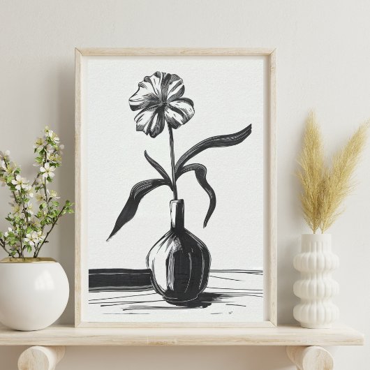 Minimalistische Schwarzweißtinte Blume Poster