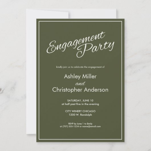 Minimalistische Script Army Green Engagement Party Einladung (Vorderseite)