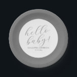 Minimalistische Script Baby-Dusche Pappteller<br><div class="desc">Entspannen Sie mit unseren stilvollen Tellern aus Papier mit einem raffinierten grauen Rand und dem eleganten "Hello Baby"-Design. Diese Teller passen perfekt zu unseren individuell anpassbaren Servietten und schaffen so einen zusammenhängenden und charmanten Look für Ihre Feier. Sie sind aus robustem, hochwertigem Papier gefertigt und eignen sich hervorragend, um Ihre...</div>