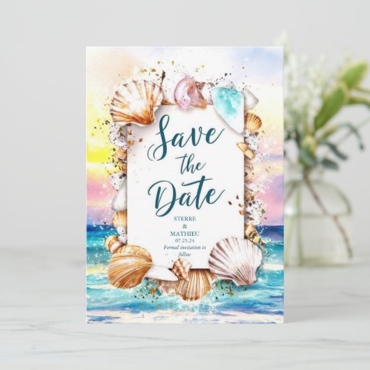 Minimalistische Script Beach Hochzeit Save The Date (Stehend Vorderseite)