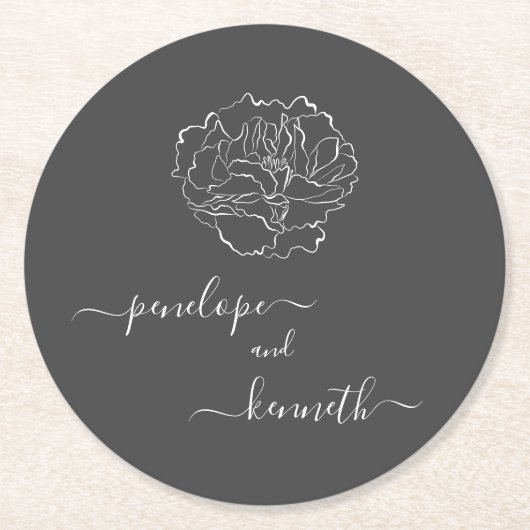 Minimalistische Script-Blume Schwarz-Weiß-Hochzeit Runder Pappuntersetzer (Vorderseite)