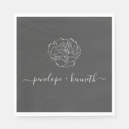 Minimalistische Script-Blume Schwarz-Weiß-Hochzeit Serviette (Vorderseite)