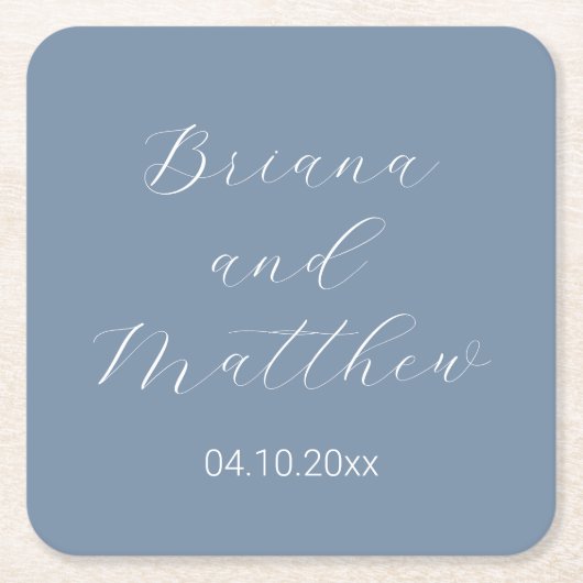 Minimalistische Script Calligraphy Dusty Blue Wedd Rechteckiger Pappuntersetzer (Vorderseite)