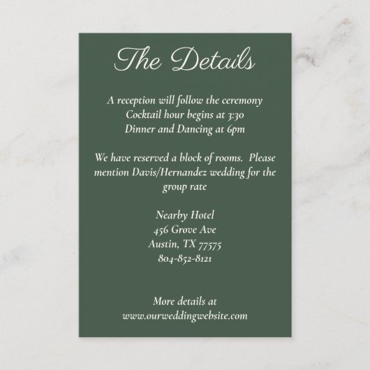 Minimalistische Script Highland Moss Green Details Begleitkarte (Vorderseite)