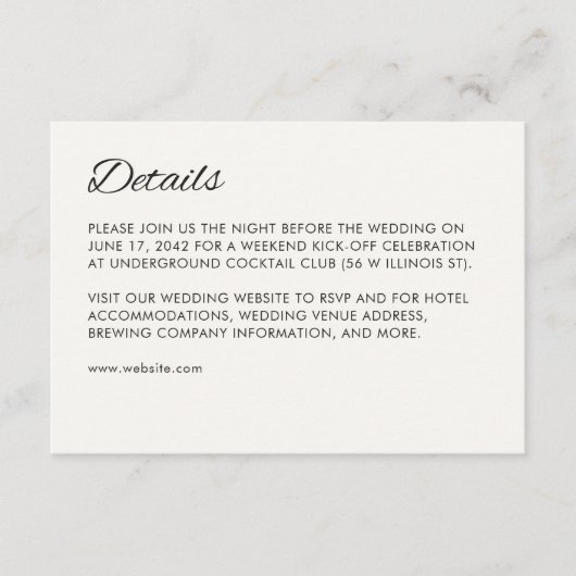 Minimalistische Script-Hochzeit Begleitkarte (Vorderseite)