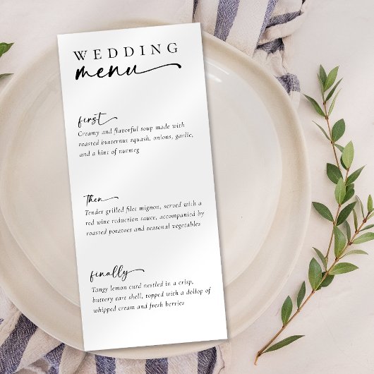 Minimalistische Script-Hochzeit Menükarte