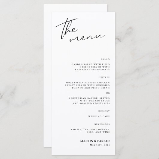 Minimalistische Script-Hochzeitsempfehlung Menükarte (Vorne/Hinten)