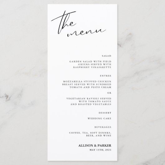 Minimalistische Script-Hochzeitsempfehlung Menükarte (Vorderseite)