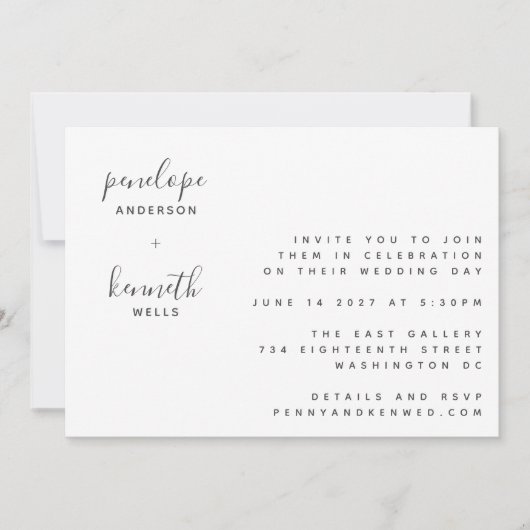 Minimalistische Script-Moderne Hochzeit | Chic Whi Einladung (Vorderseite)