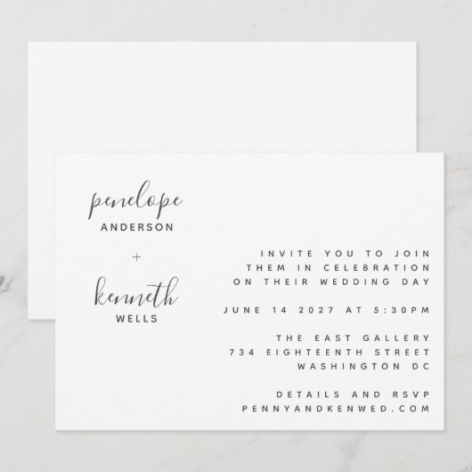 Minimalistische Script-Moderne Hochzeit | Chic Whi Einladung (Vorne/Hinten)
