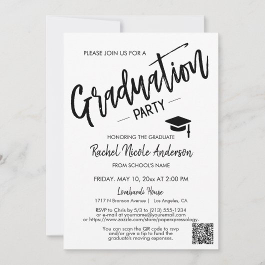 Minimalistische Script QR Code Foto Graduation Par Einladung (Vorderseite)