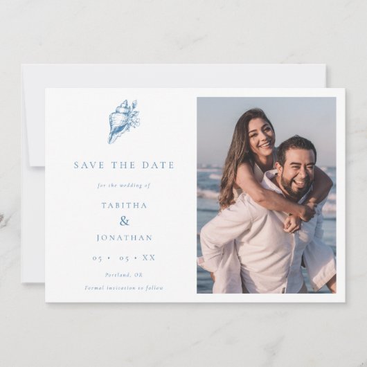 Minimalistische Seashell QR Code Foto Beach Weddin Save The Date (Vorderseite)