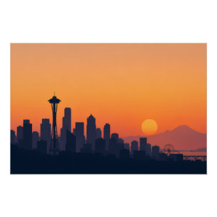 Minimalistische Seattle-Silhouette bei Sonnenunter Poster