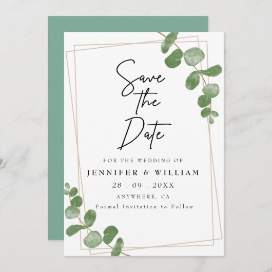 Minimalistische Seite Grüne Blüte Save the Date Einladung (Vorne/Hinten)