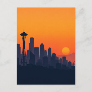 Minimalistische Silhouette von Seattle bei Sonnenu Postkarte