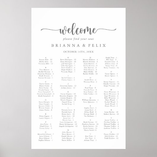 Minimalistische Silver Alphabetic Seating Chart Poster (Vorne)