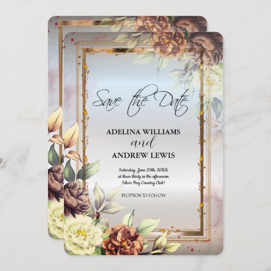 Minimalistische Silver Blume Rose, Goldrahmen Einladung (Vorne/Hinten)