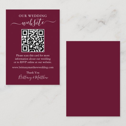 Minimalistische Simple Wedding Website QR Burgundy Begleitkarte (Vorne/Hinten)
