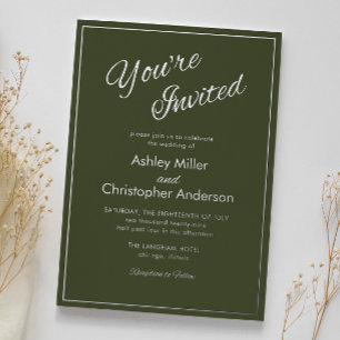 Minimalistische Skript-Armee Grün Hochzeit Folieneinladung