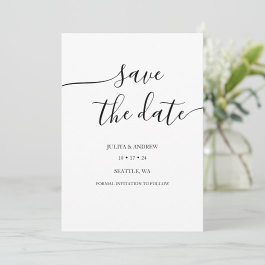 Minimalistische Skripthochzeit speichern Sie die D Save The Date (Stehend Vorderseite)