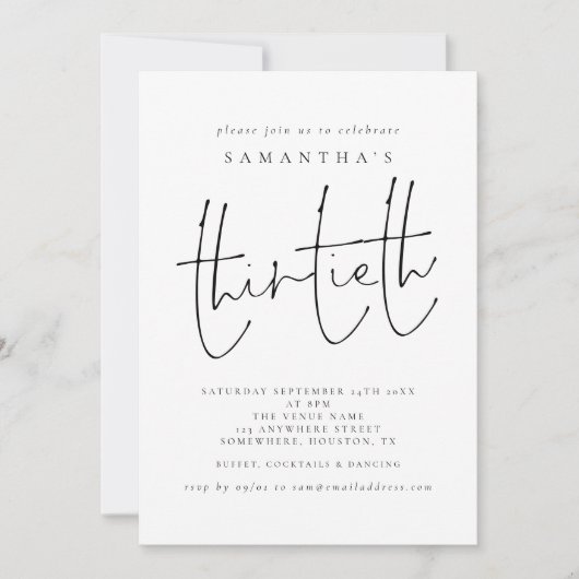 Minimalistische Skriptschrift Thirtieth Birthday P Einladung (Vorderseite)