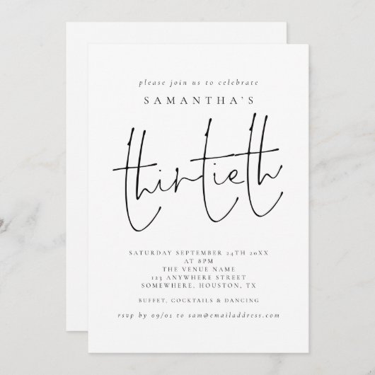 Minimalistische Skriptschrift Thirtieth Birthday P Einladung (Vorne/Hinten)